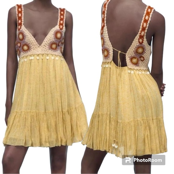 ZARA bohemian crochet light yellow dress size small - Picture 4 of 15